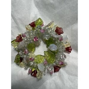 Vintage Lucite Floral, Leaf, Green, Red, White glass Stretch Bracelet Bangle